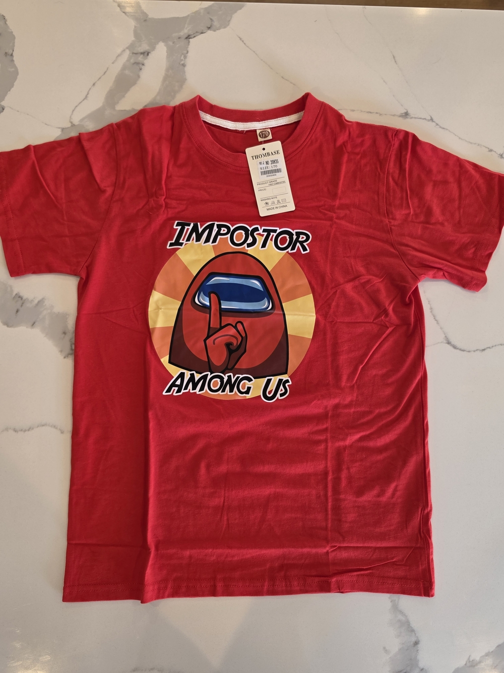 THOMBASE Red Among Us Impostor Graphic Short Sleeve Tee Shirt Boys Youth Size S